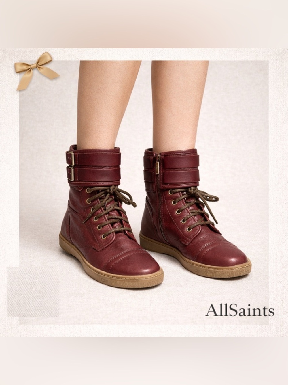 AllSaints Leather Combat Boots Brown Zip Lace Up Size 36